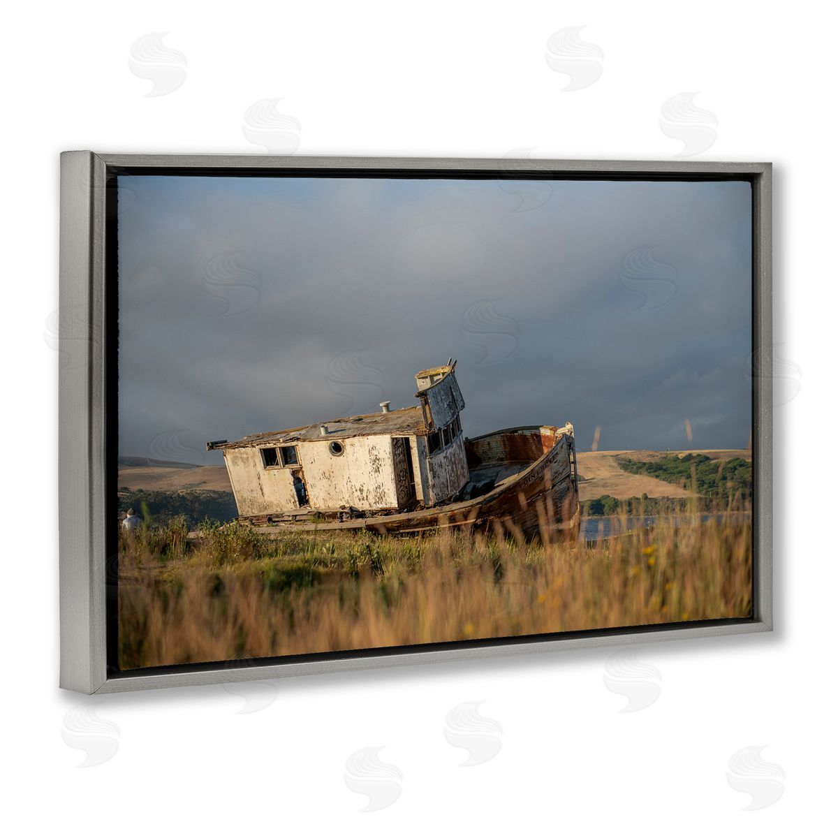 Old Shipwreck on Beach Grey Floating Frame Canvas Wall Art, Home Decor by Crystal Lynn Collins