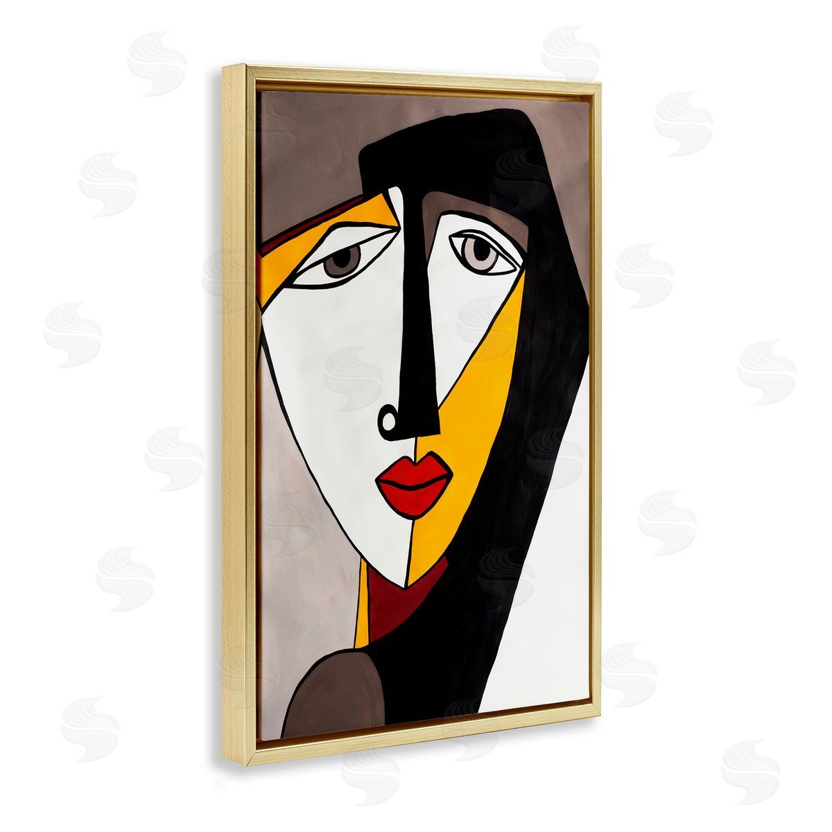 Cubist Bold Face Gold Floating Frame Canvas Wall Art, Home Decor by Ruth Fromstein