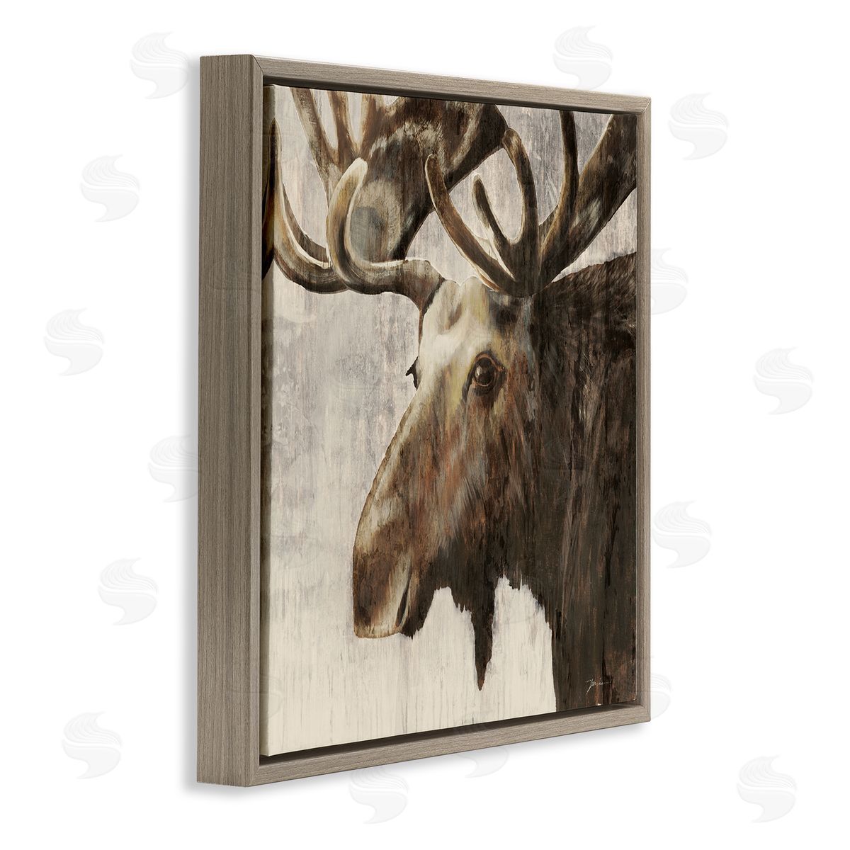 Forest Moose Distressed Brown Floating Frame Canvas Wall Art, Home Decor by Liz Jardine