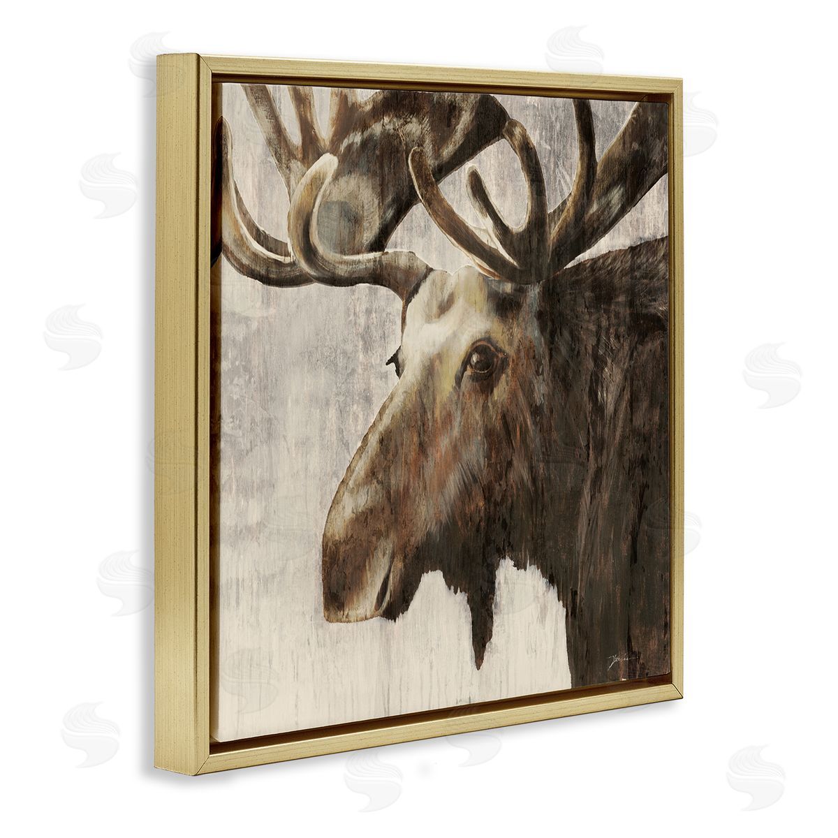 Forest Moose Distressed Gold Floating Frame Canvas Wall Art, Home Decor by Liz Jardine