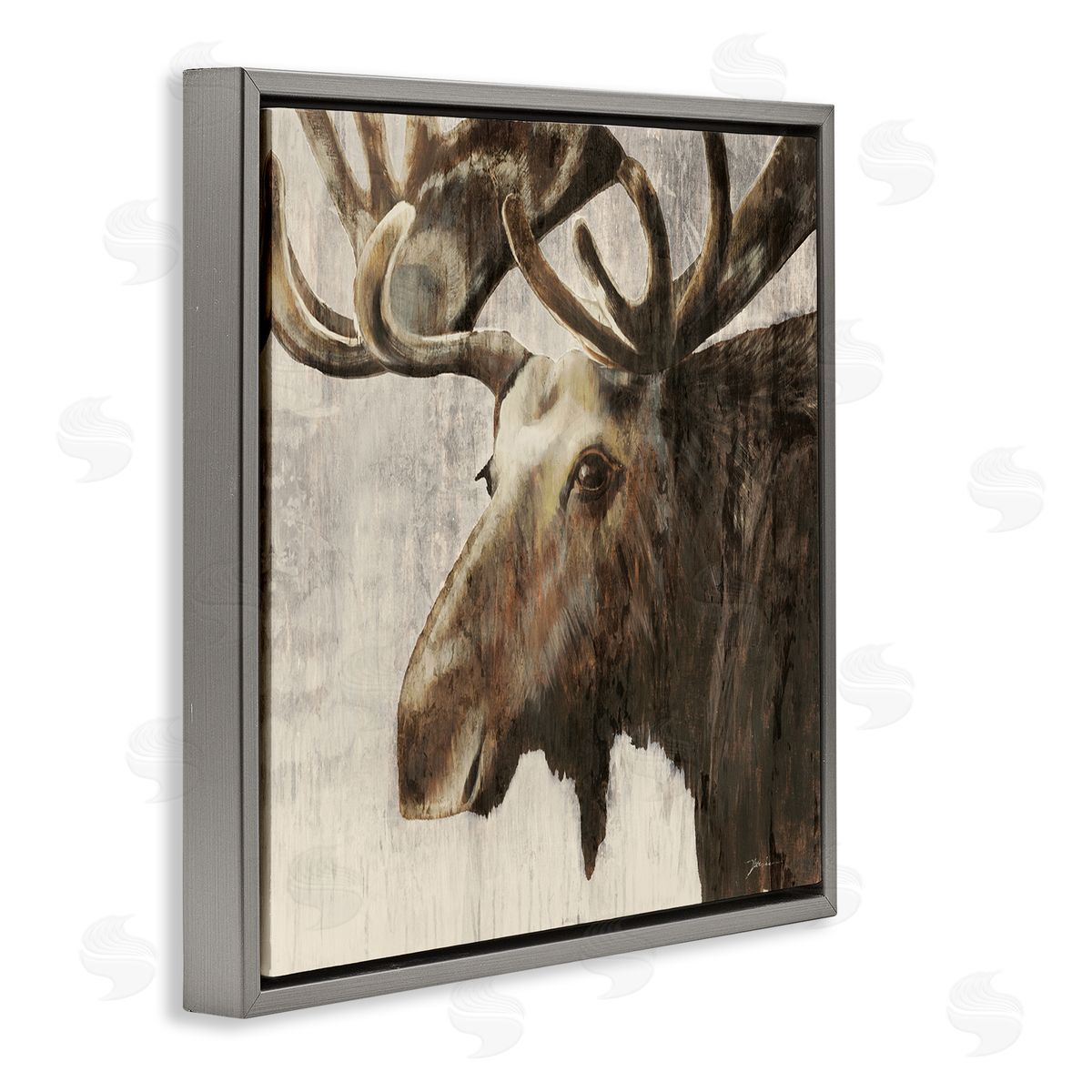 Forest Moose Distressed Grey Floating Frame Canvas Wall Art, Home Decor by Liz Jardine