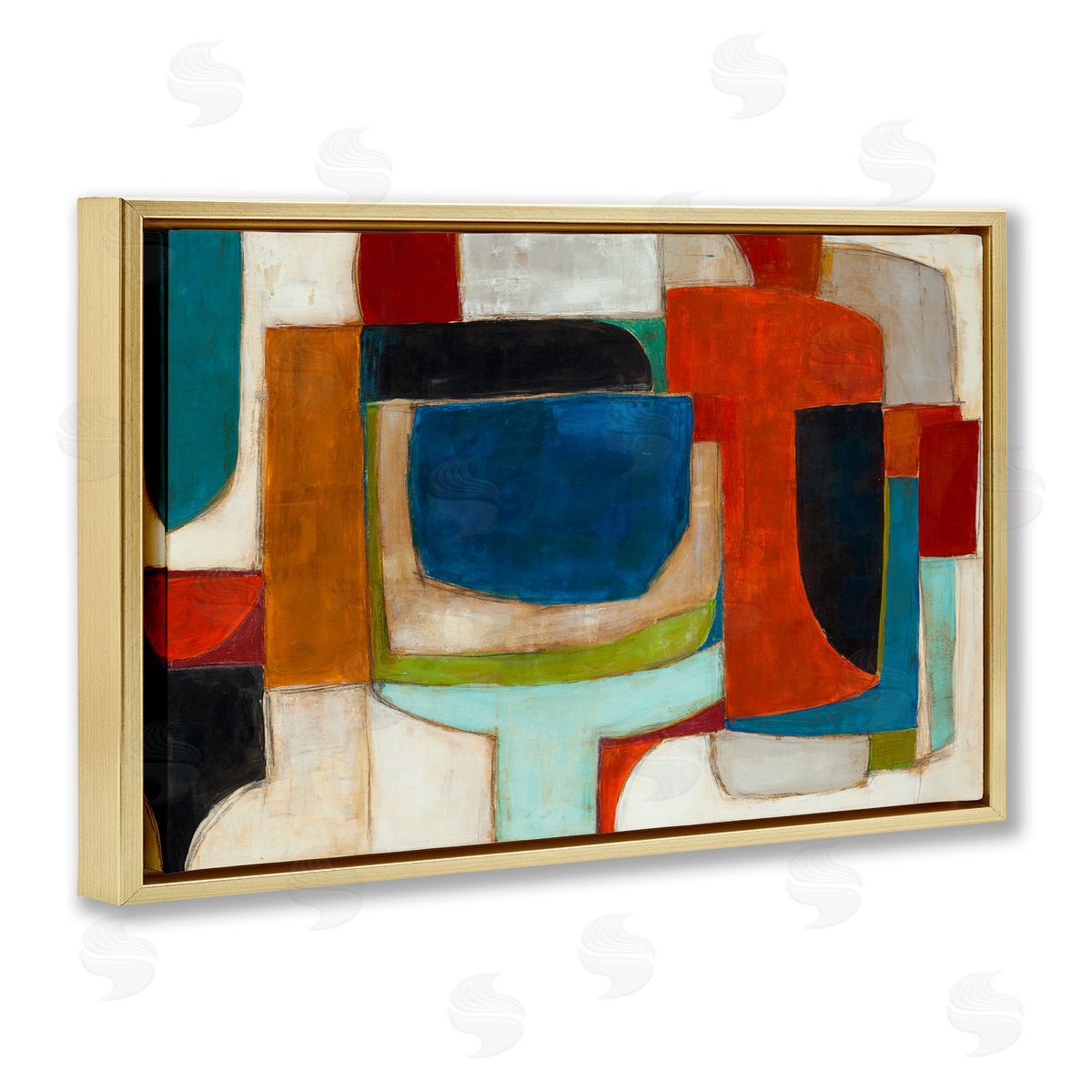 Geometric Cubist Abstraction Gold Floating Frame Canvas Wall Art, Home Decor by Kippi Leonard