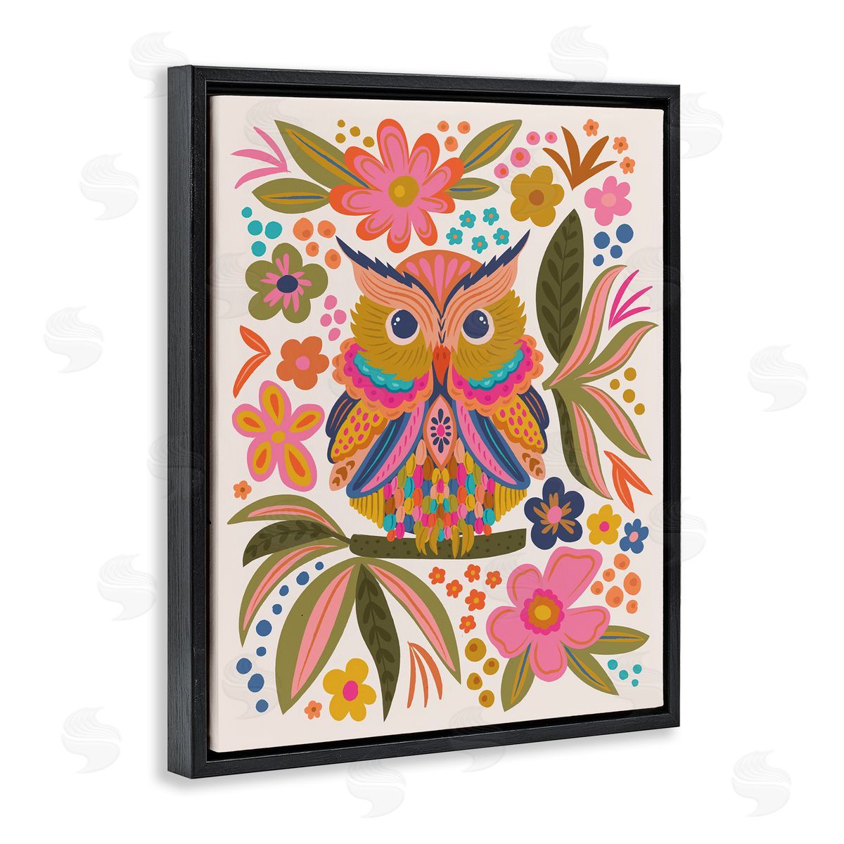 Lisa Perry Whitebutton Eclectic Owl & Flowers Black Floating Frame Canvas Wall Art Print