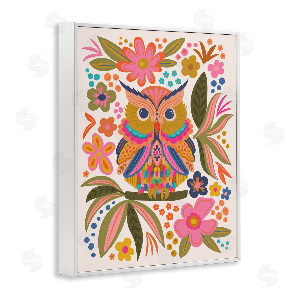 Lisa Perry Whitebutton Eclectic Owl & Flowers White Framed Giclee Wall Art Print