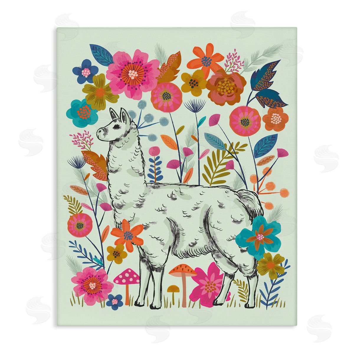 Lisa Perry Whitebutton Llama Among Bright Florals Canvas Wall Art Print