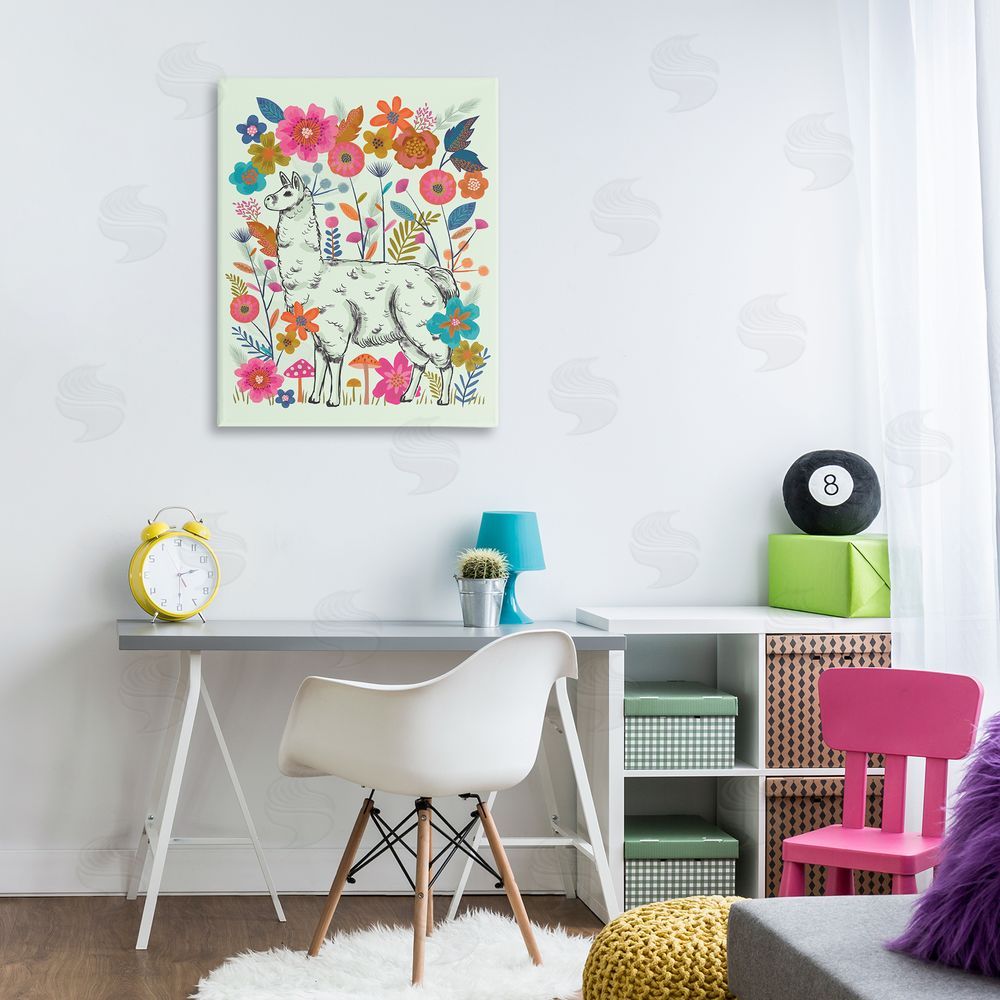 Lisa Perry Whitebutton Llama Among Bright Florals Canvas Wall Art Print in Room