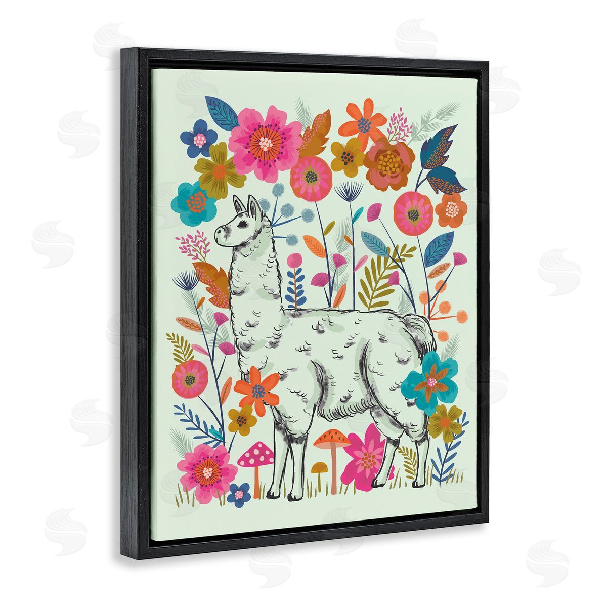 Lisa Perry Whitebutton Llama Among Bright Florals Black Floating Frame Canvas Wall Art Print