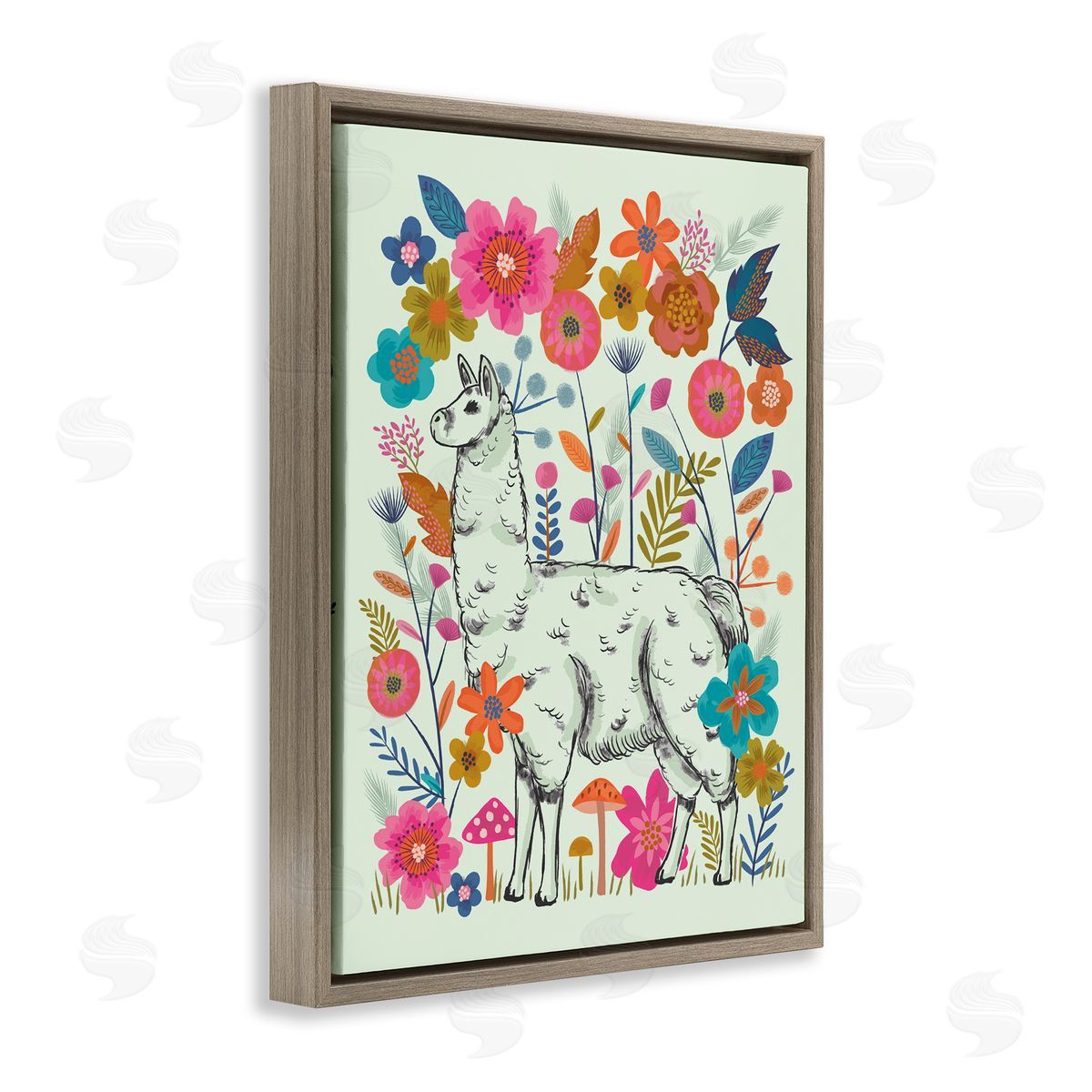 Lisa Perry Whitebutton Llama Among Bright Florals Brown Floating Frame Canvas Wall Art Print
