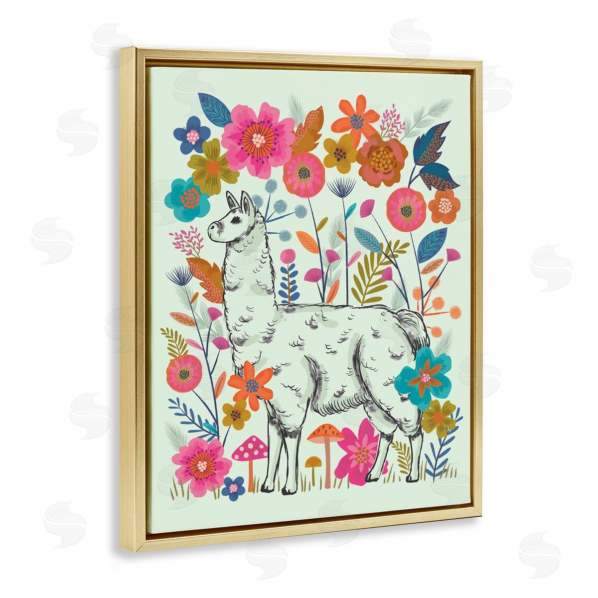 Lisa Perry Whitebutton Llama Among Bright Florals Gold Floating Frame Canvas Wall Art Print