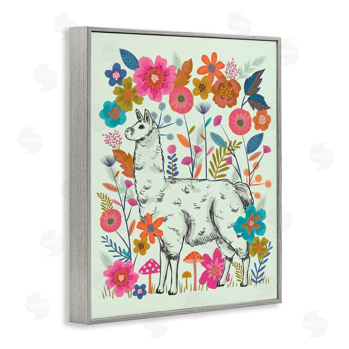 Lisa Perry Whitebutton Llama Among Bright Florals Gray Framed Giclee Wall Art Print