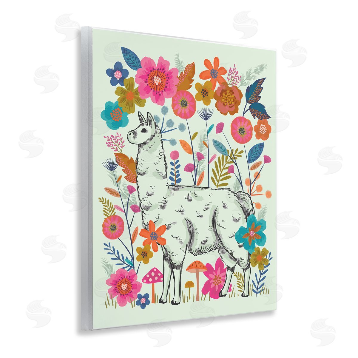 Lisa Perry Whitebutton Llama Among Bright Florals Wooden Wall Plaque Art Print