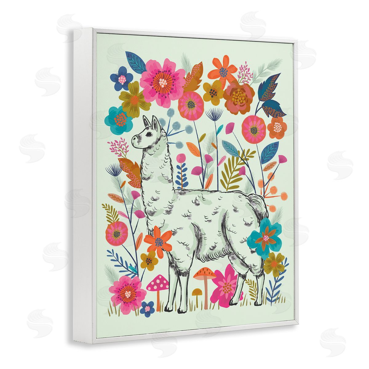 Lisa Perry Whitebutton Llama Among Bright Florals White Framed Giclee Wall Art Print