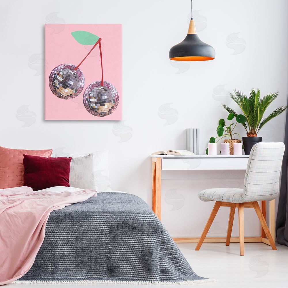 Anna Quach Disco Cherries on Pink Canvas Wall Art Print in Room