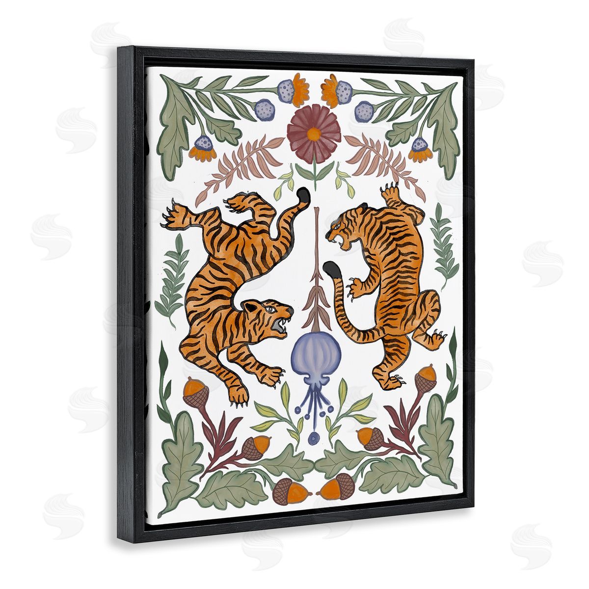 Elizabeth Medley Mirrored Plants with Tigers Black Floating Frame Canvas Wall Art Print