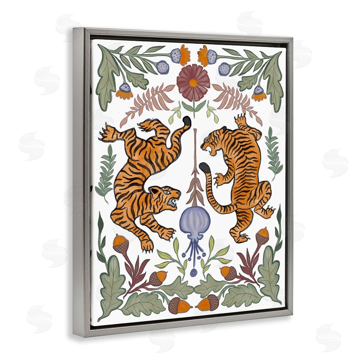 Elizabeth Medley Mirrored Plants with Tigers Gray Floating Frame Canvas Wall Art Print