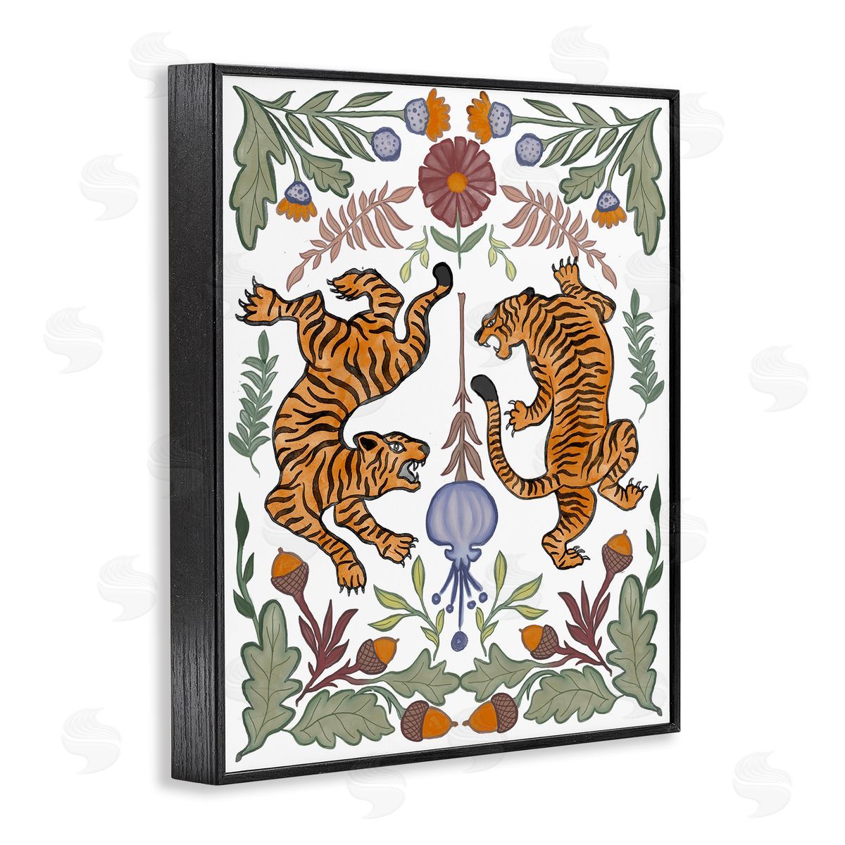 Elizabeth Medley Mirrored Plants with Tigers Black Framed Giclee Wall Art Print