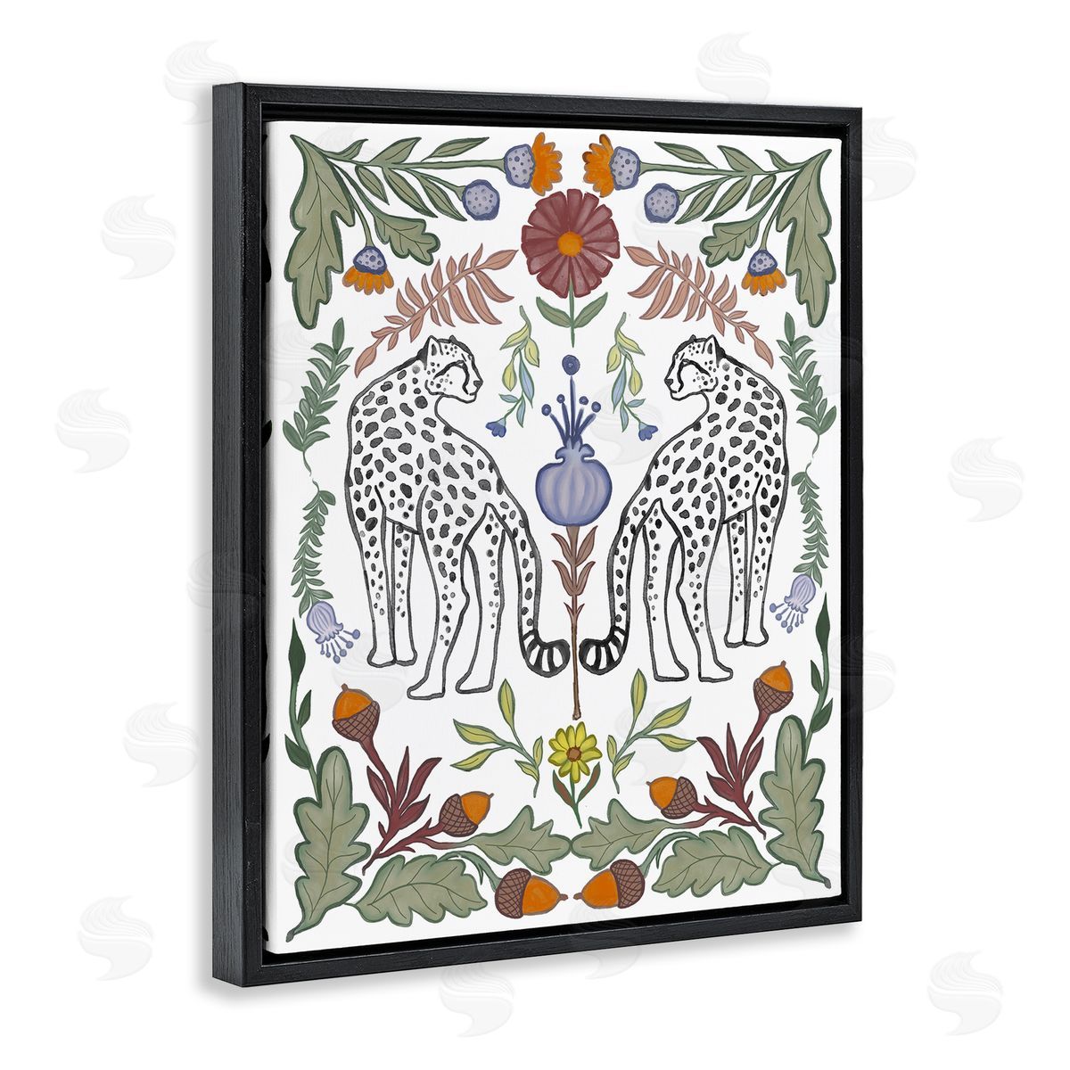 Elizabeth Medley Mirrored Plants with Leopards Black Floating Frame Canvas Wall Art Print