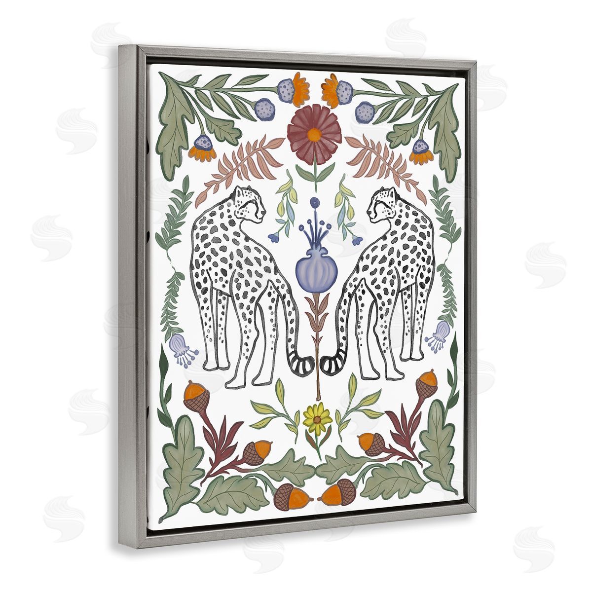 Elizabeth Medley Mirrored Plants with Leopards Gray Floating Frame Canvas Wall Art Print