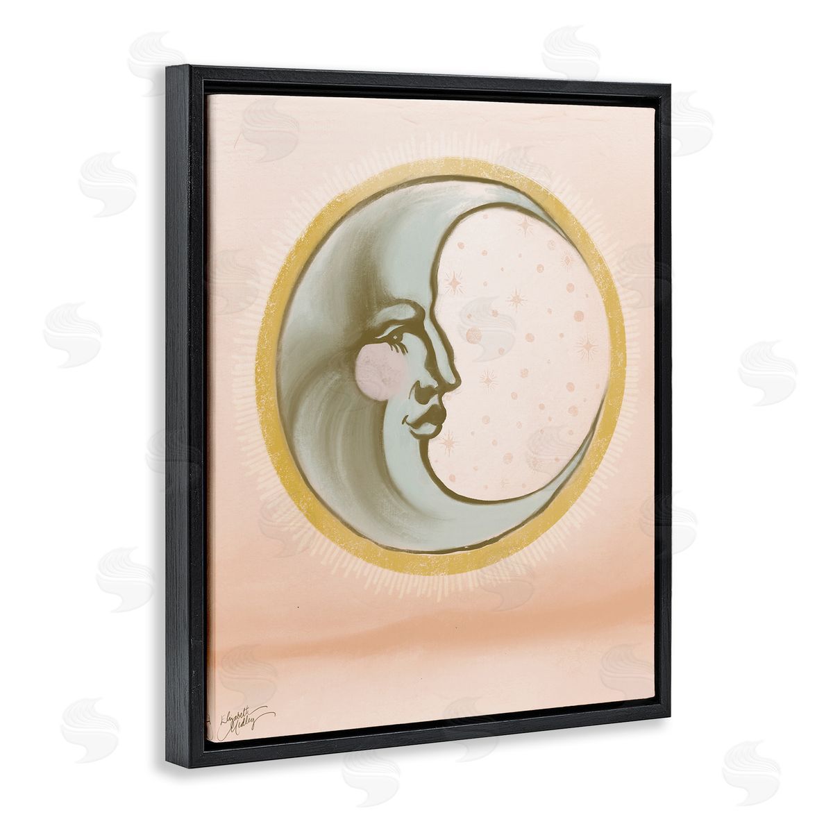 Elizabeth Medley Moon Face in Circle Black Floating Frame Canvas Wall Art Print