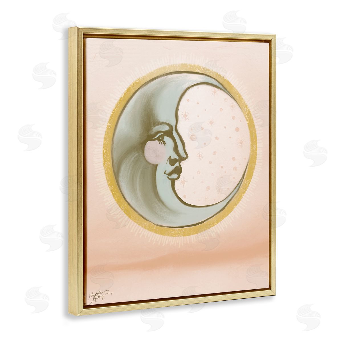 Elizabeth Medley Moon Face in Circle Gold Floating Frame Canvas Wall Art Print
