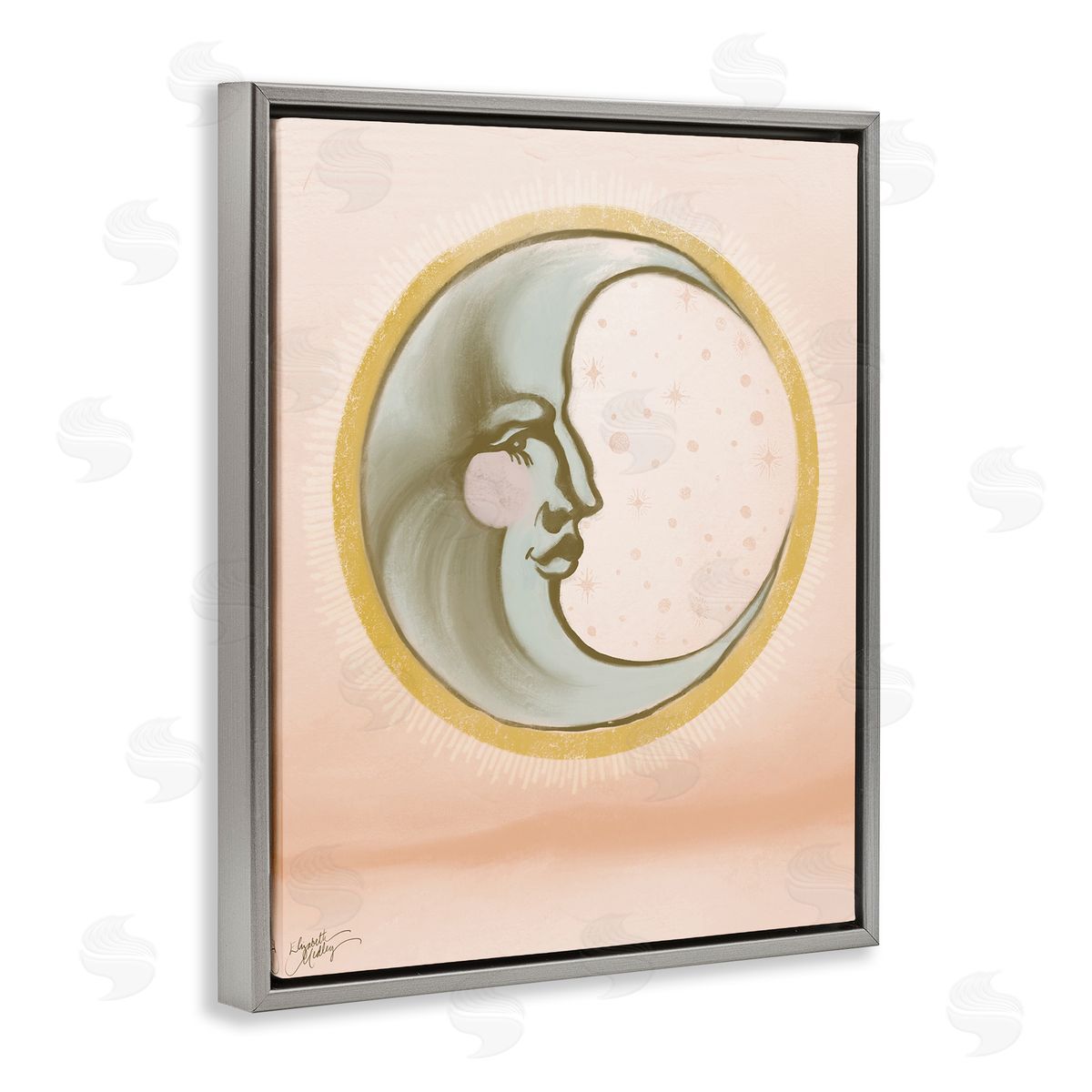 Elizabeth Medley Moon Face in Circle Gray Floating Frame Canvas Wall Art Print