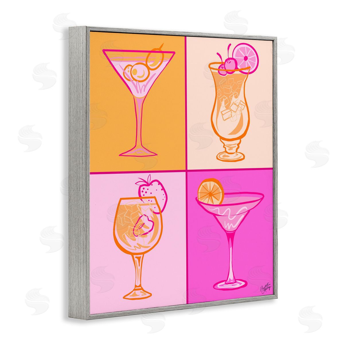 Elizabeth Medley Pink & Orange Cocktails Gray Framed Giclee Wall Art Print