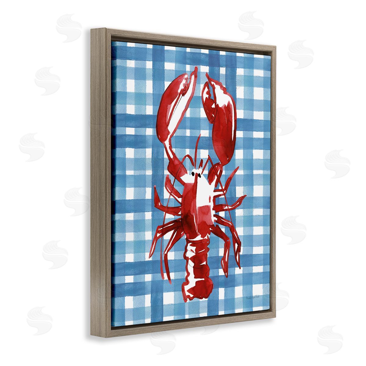 Coastal Lobster on Plaid Brown Floating Frame Canvas Wall Art, Home Decor by Mercedes Lopez Charro