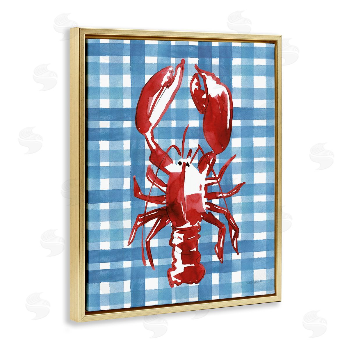 Coastal Lobster on Plaid Gold Floating Frame Canvas Wall Art, Home Decor by Mercedes Lopez Charro