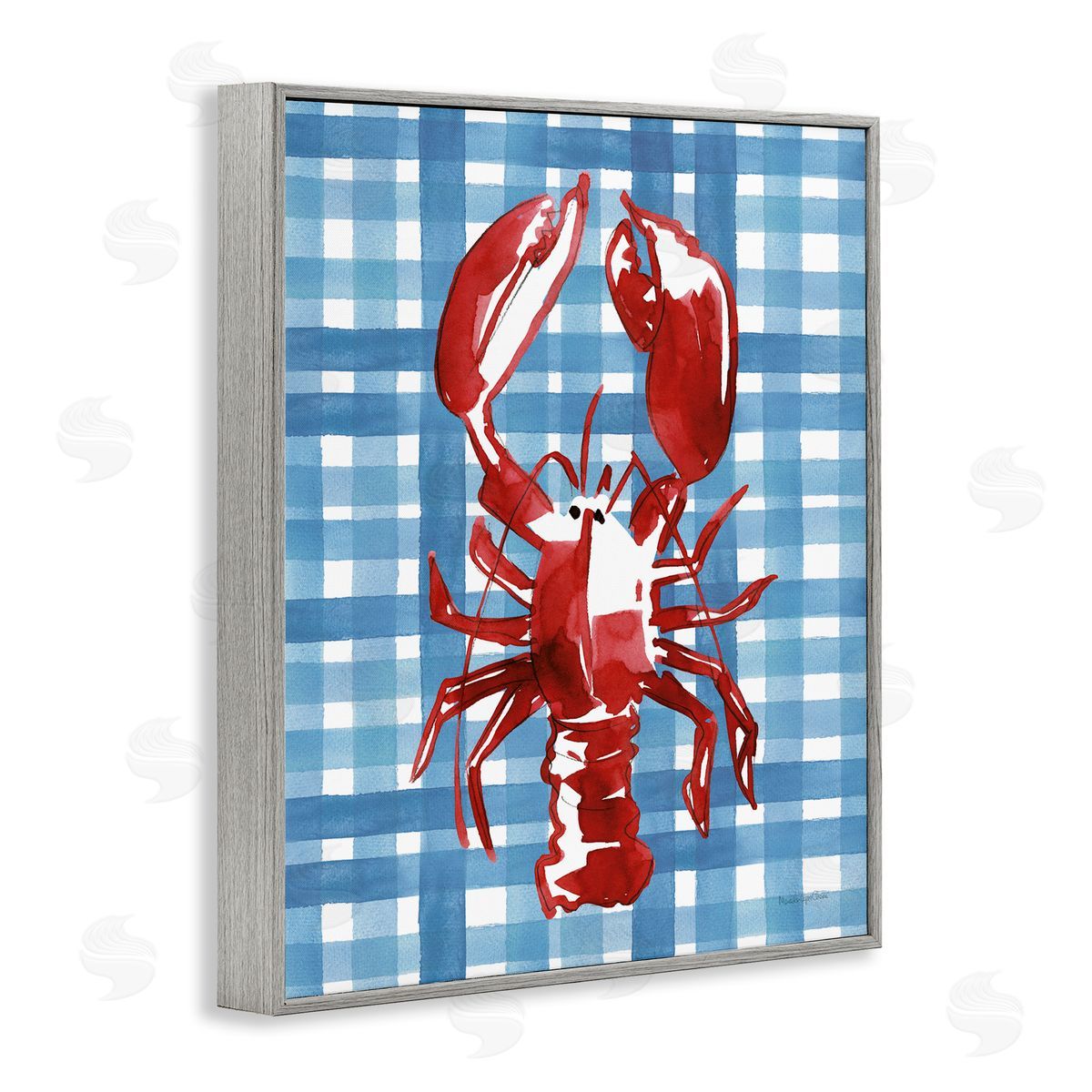 Coastal Lobster on Plaid Grey Frame Print Wall Art, Home Decor by Mercedes Lopez Charro