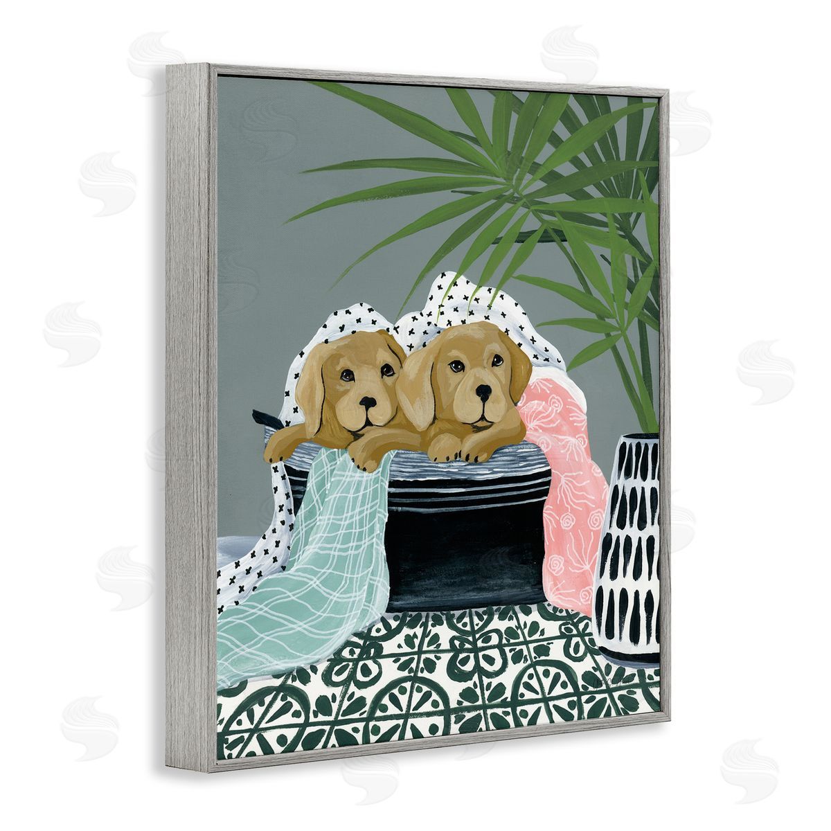 Cuddling Laundry Dogs Grey Frame Print Wall Art, Home Decor by Yvette St. Amant
