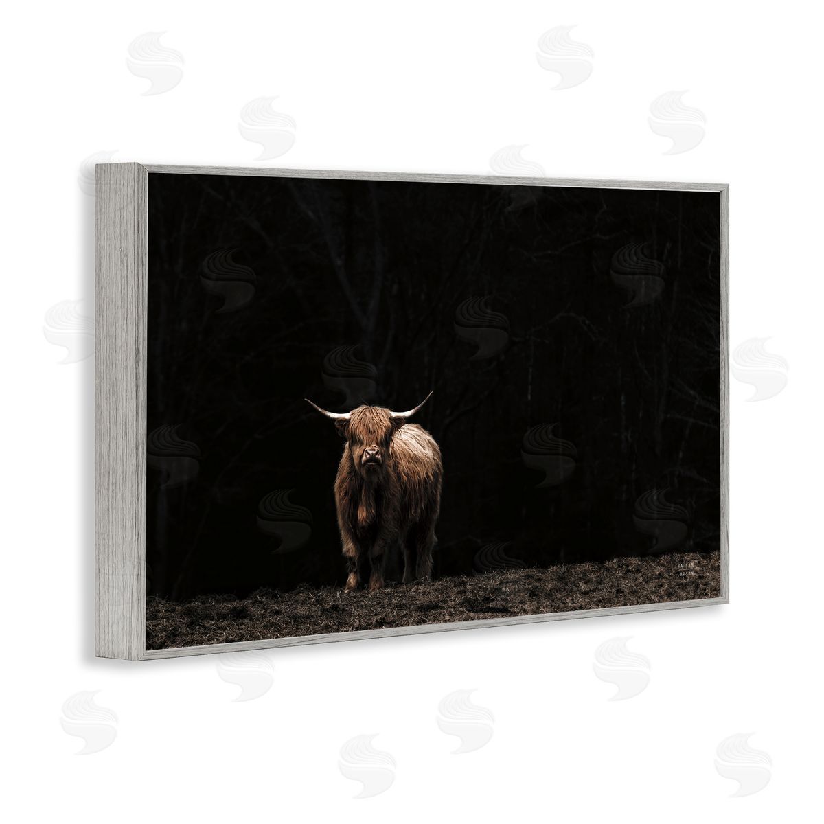 Dark Contrast Highland Cow Grey Frame Print Wall Art, Home Decor by Nathan Larson