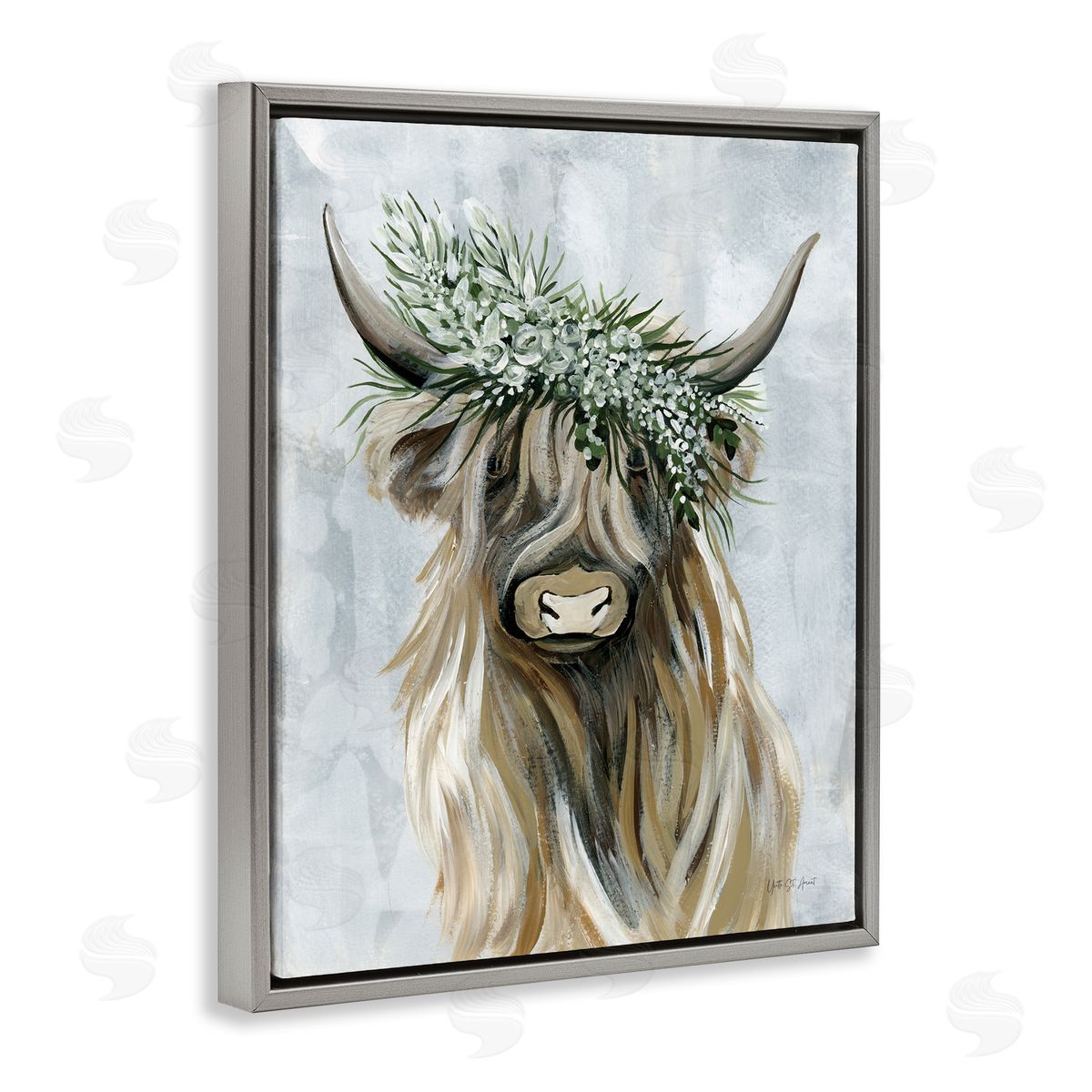 Floral Crowned Bovine Grey Floating Frame Canvas Wall Art, Home Decor by Yvette St. Amant