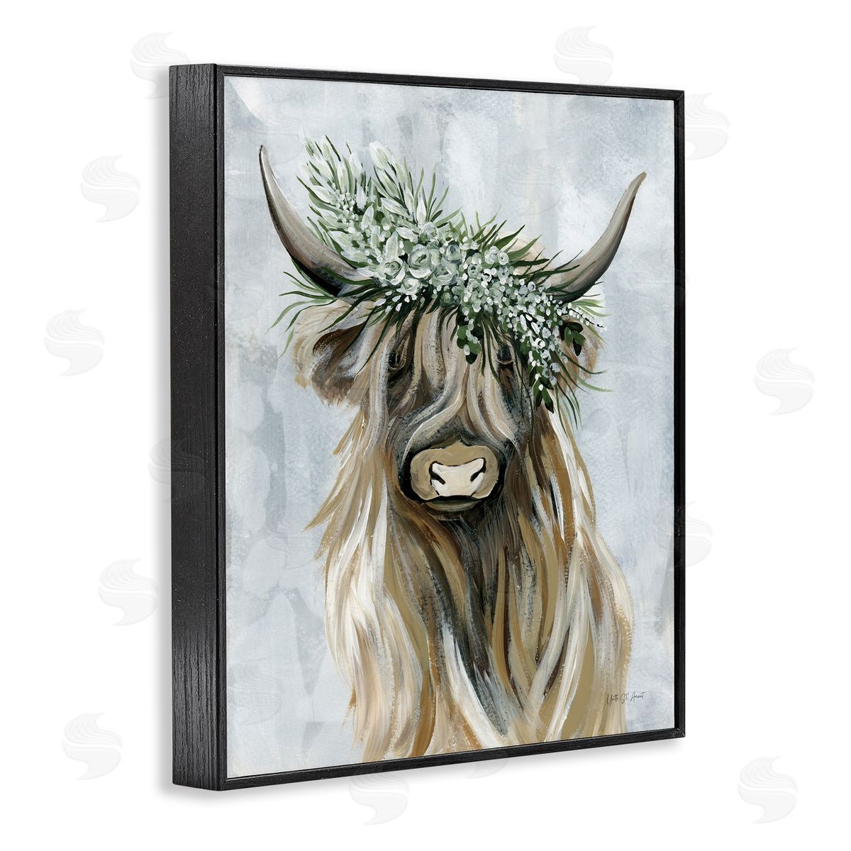 Floral Crowned Bovine Black Frame Print Wall Art, Home Decor by Yvette St. Amant