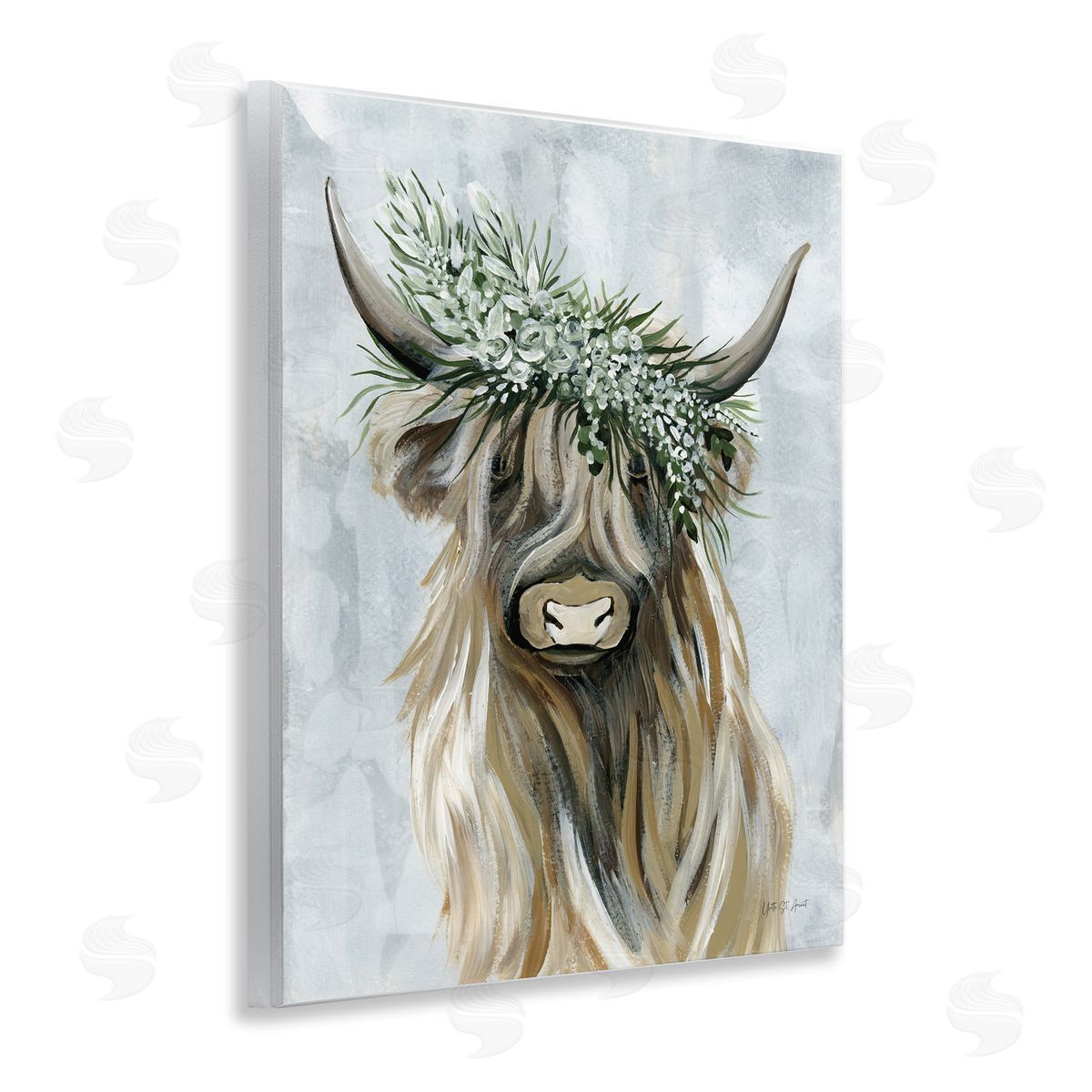 Floral Crowned Bovine Wood Plaque Wall Art, Home Decor by Yvette St. Amant