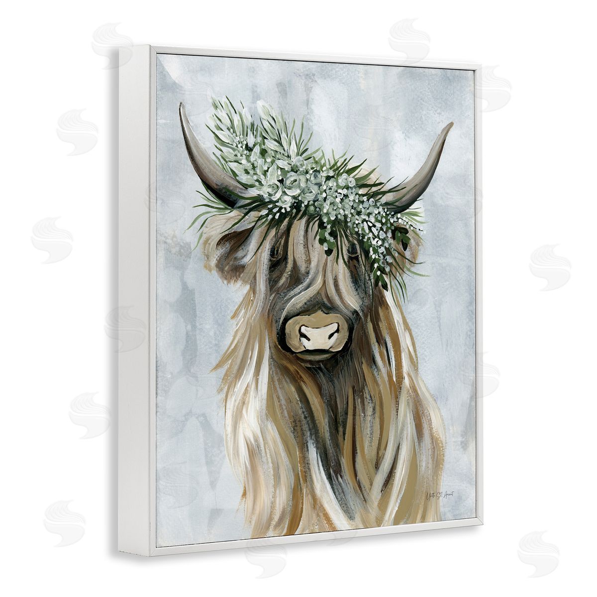 Floral Crowned Bovine White Frame Print Wall Art, Home Decor by Yvette St. Amant