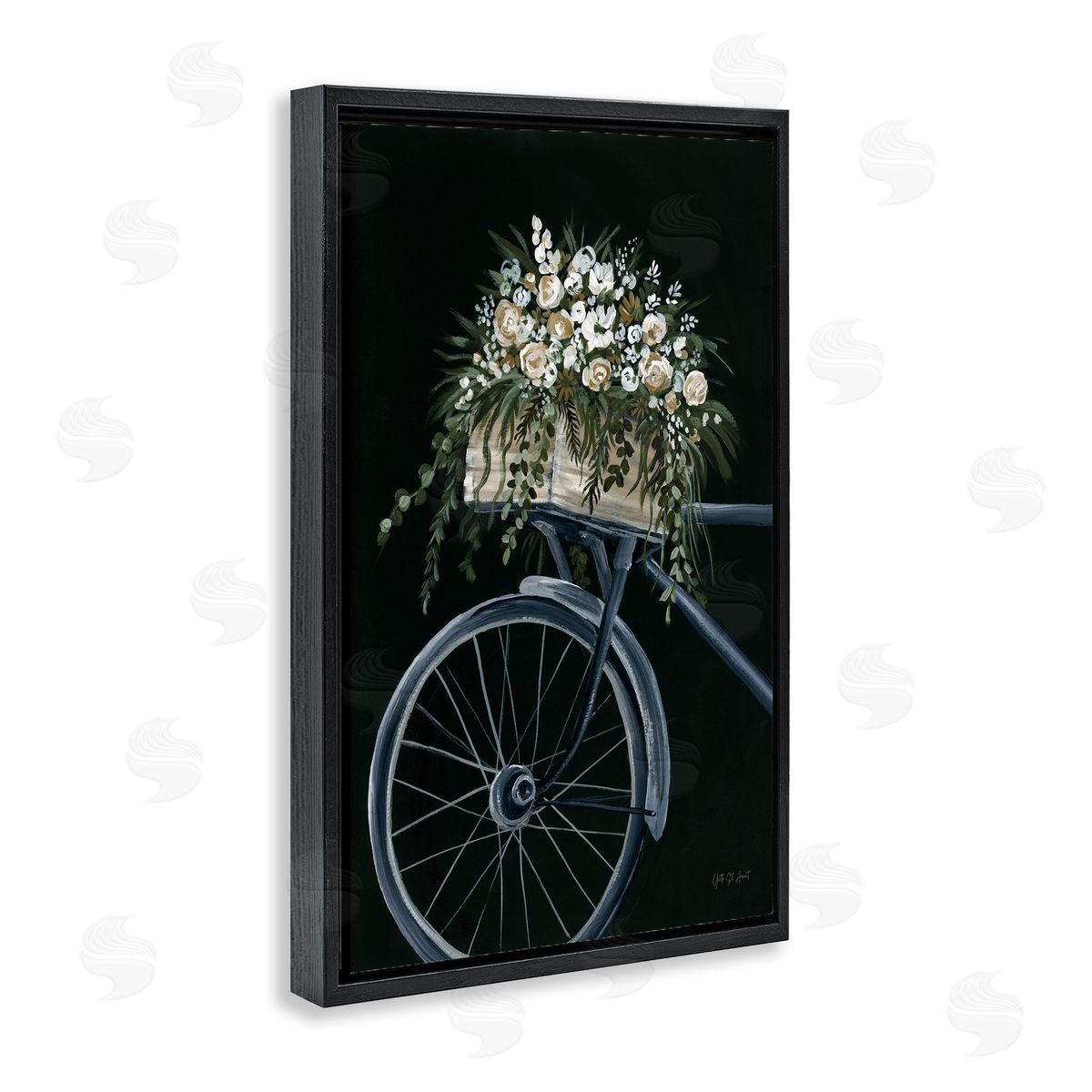 Vintage Bicycle with Florals Black Floating Frame Canvas Wall Art, Home Decor by Yvette St. Amant