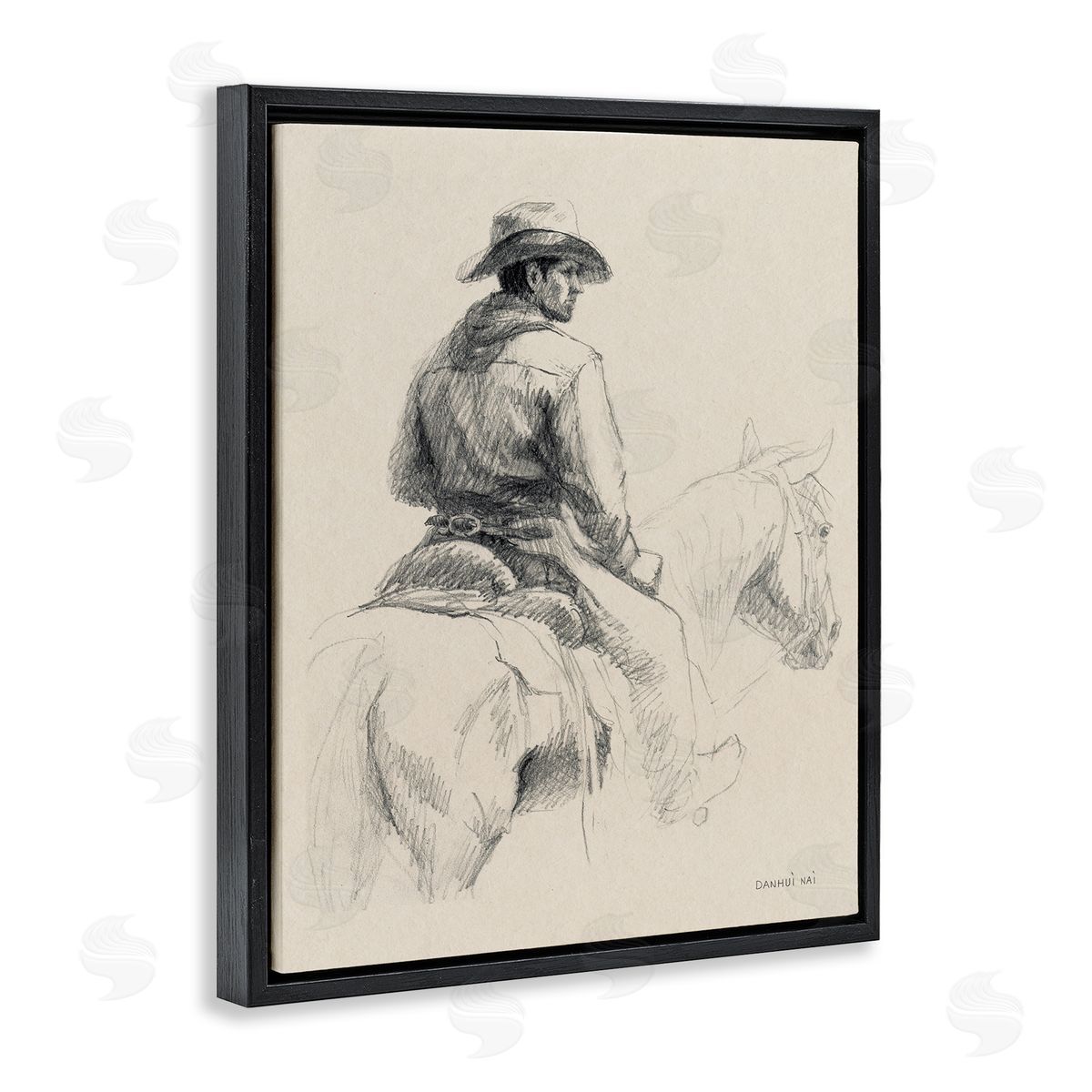Cowboy & Horse Sketch Black Floating Frame Canvas Wall Art, Home Decor by Danhui Nai