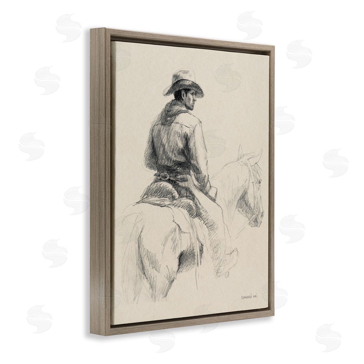 Cowboy & Horse Sketch Brown Floating Frame Canvas Wall Art, Home Decor by Danhui Nai