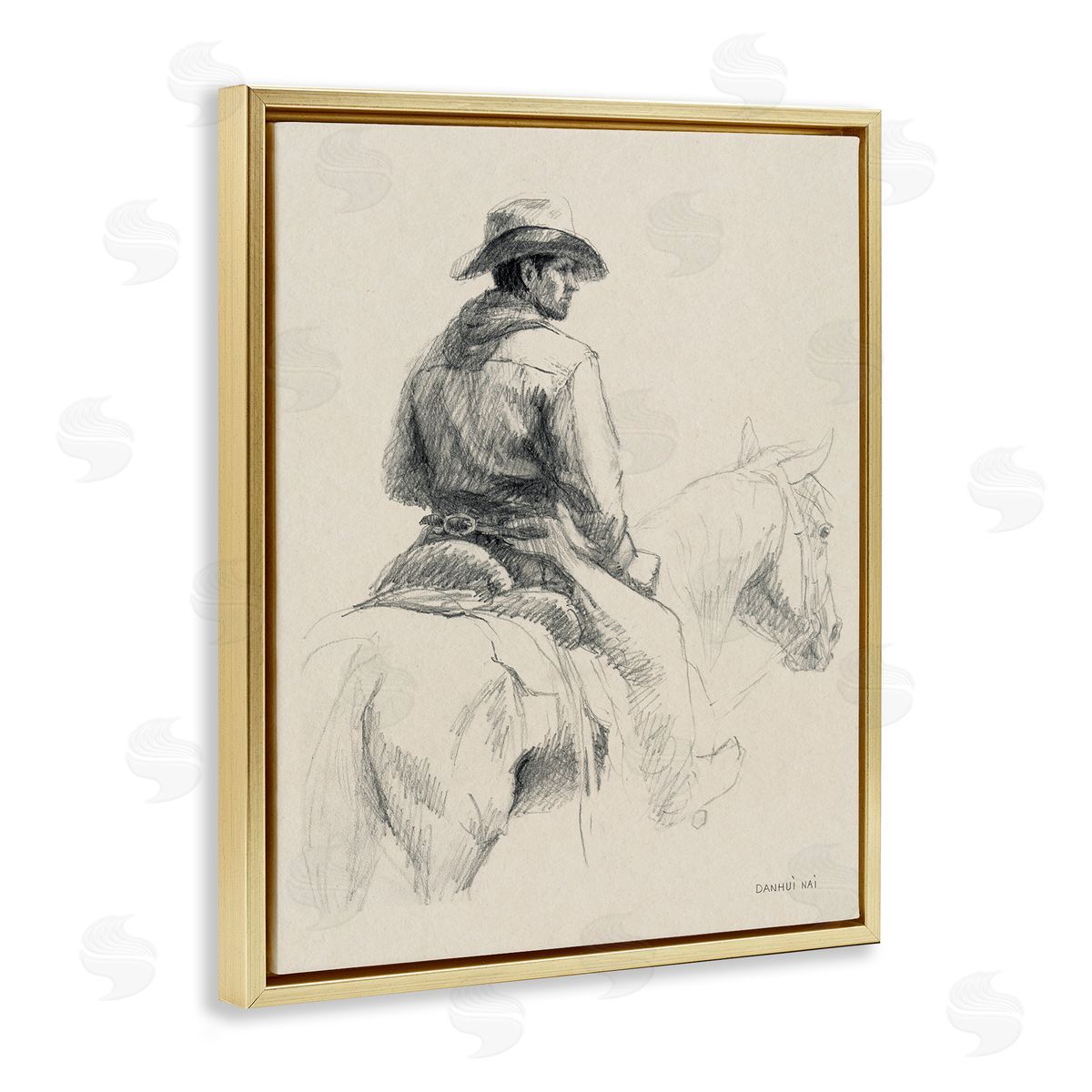 Cowboy & Horse Sketch Gold Floating Frame Canvas Wall Art, Home Decor by Danhui Nai