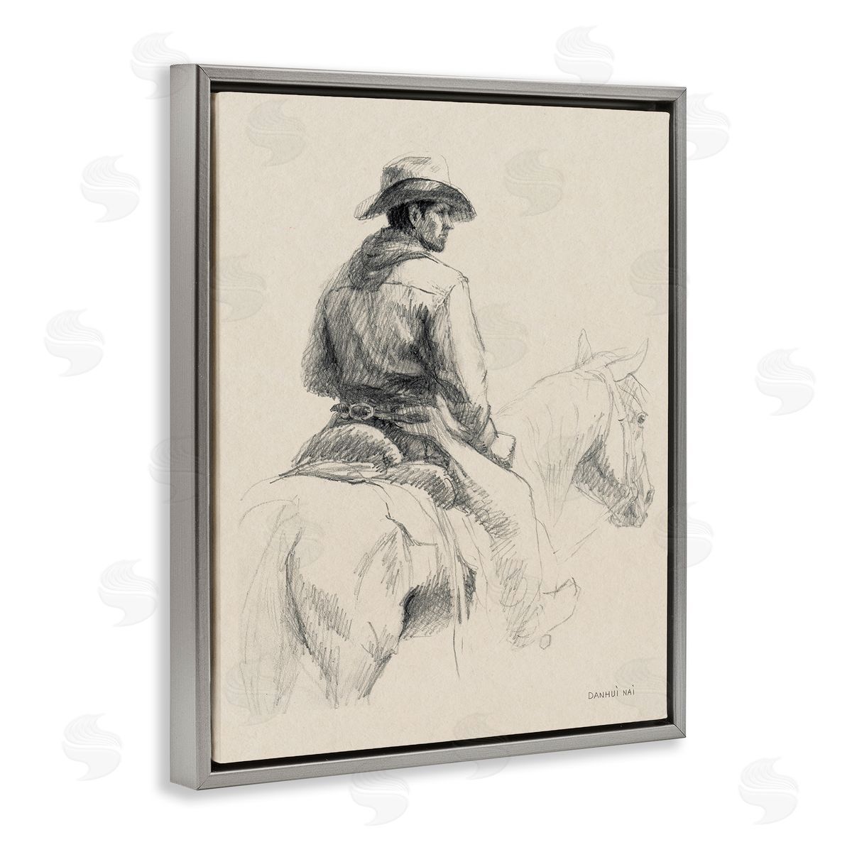 Cowboy & Horse Sketch Grey Floating Frame Canvas Wall Art, Home Decor by Danhui Nai
