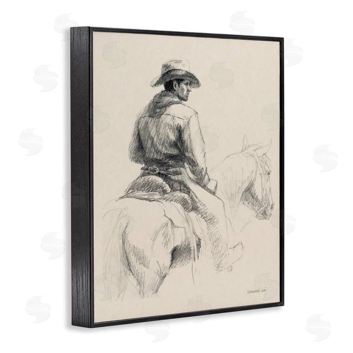 Cowboy & Horse Sketch Black Frame Print Wall Art, Home Decor by Danhui Nai