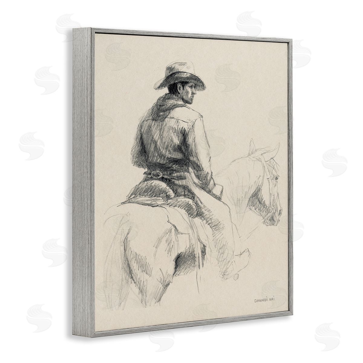 Cowboy & Horse Sketch Grey Frame Print Wall Art, Home Decor by Danhui Nai