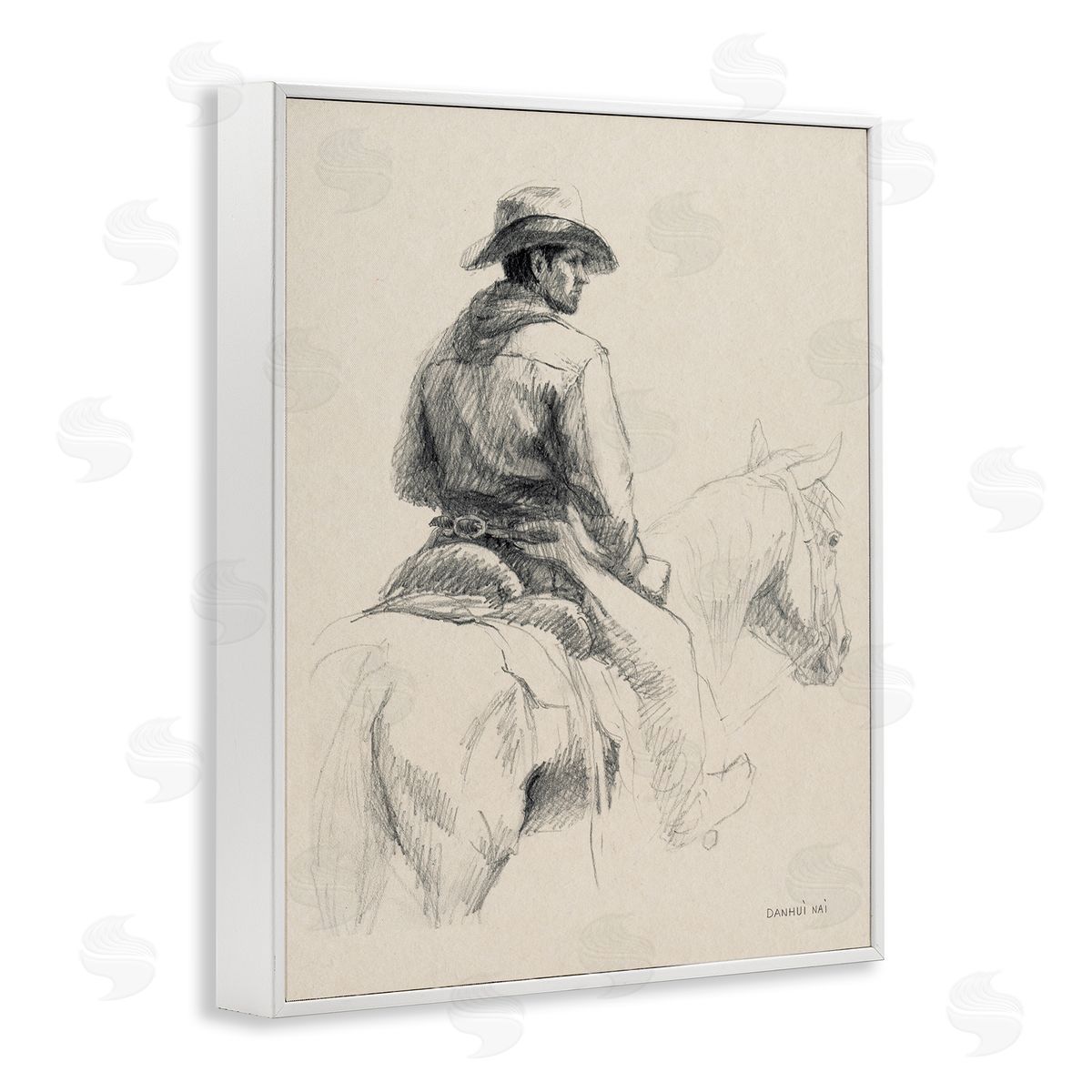 Cowboy & Horse Sketch White Frame Print Wall Art, Home Decor by Danhui Nai