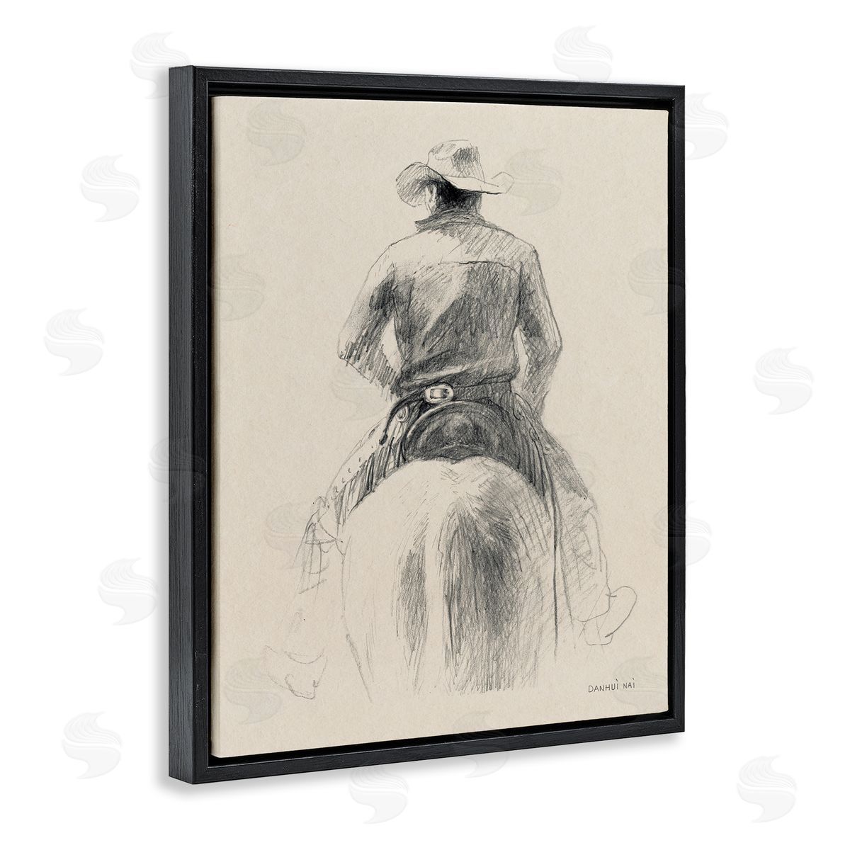 Traditional Drawing of Cowboy Black Floating Frame Canvas Wall Art, Home Decor by Danhui Nai