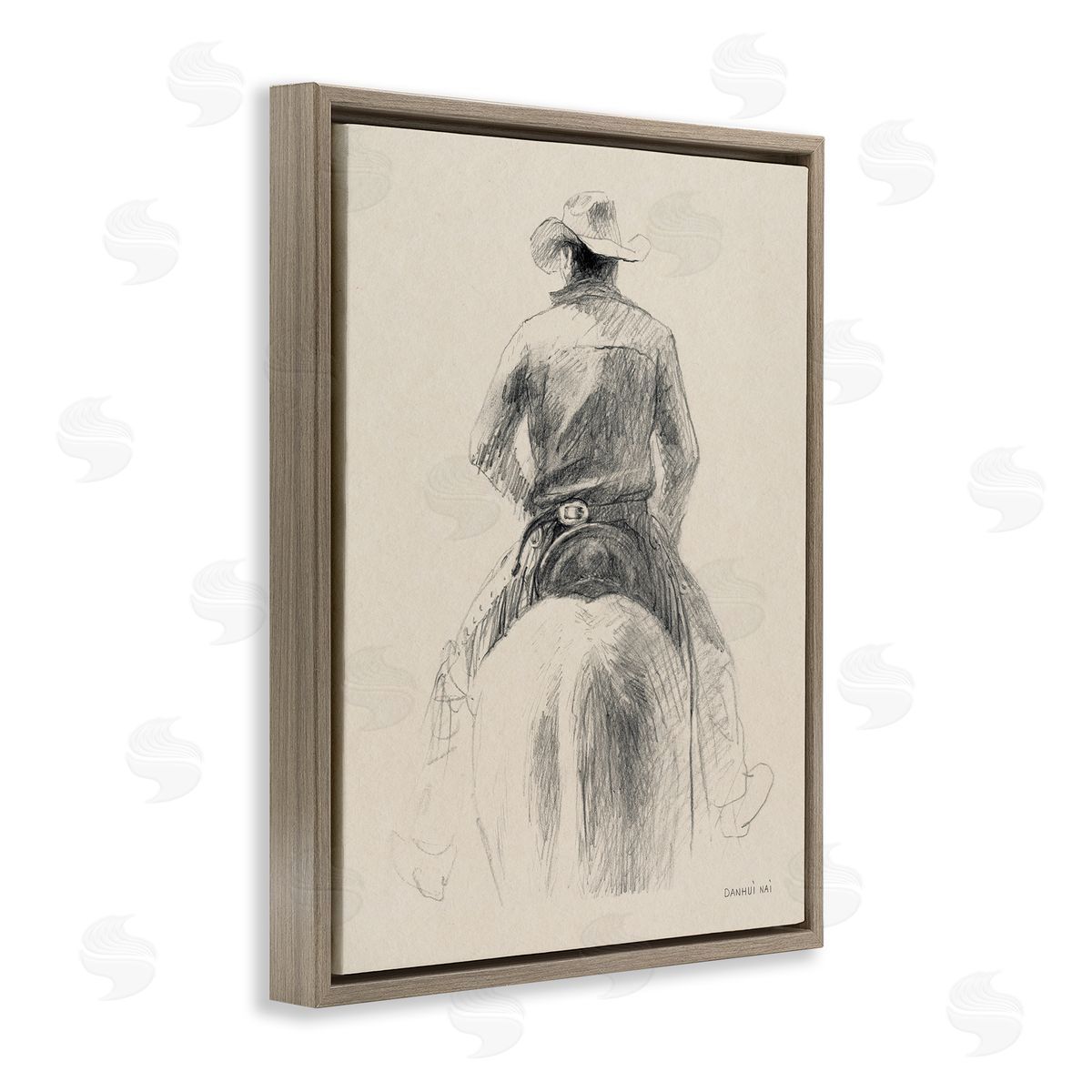 Traditional Drawing of Cowboy Brown Floating Frame Canvas Wall Art, Home Decor by Danhui Nai