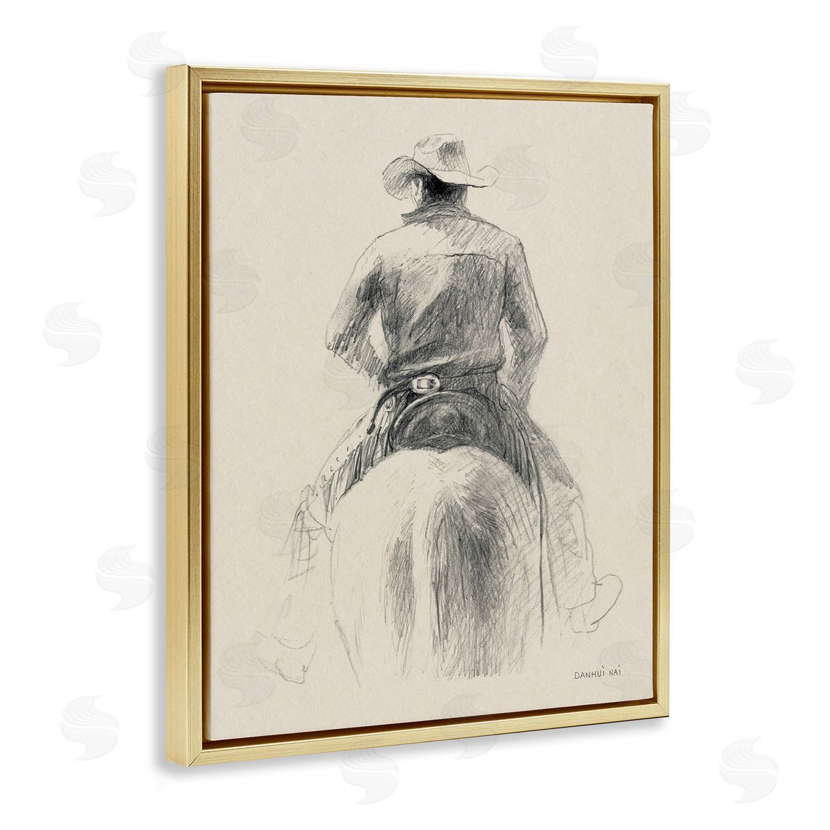 Traditional Drawing of Cowboy Gold Floating Frame Canvas Wall Art, Home Decor by Danhui Nai
