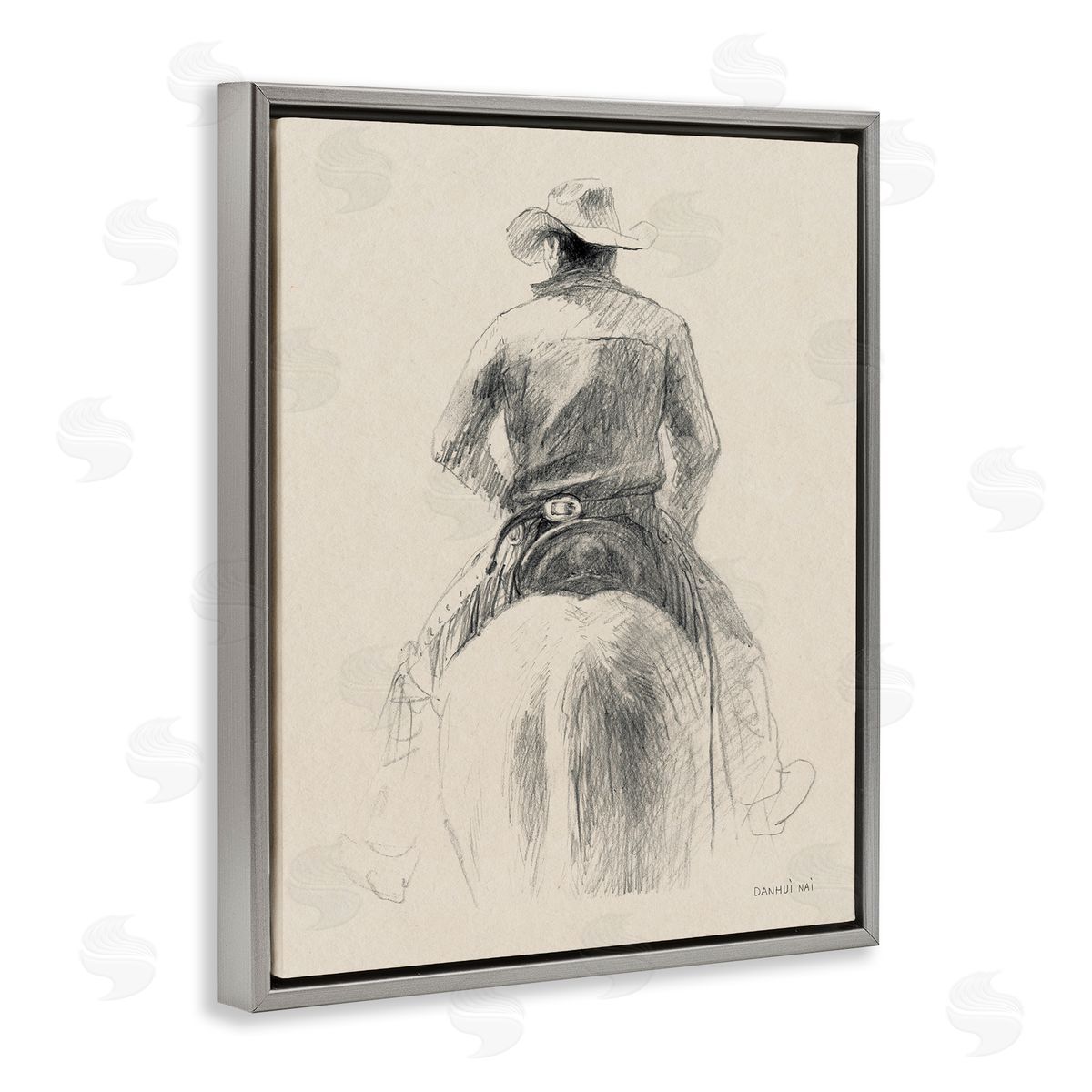 Traditional Drawing of Cowboy Grey Floating Frame Canvas Wall Art, Home Decor by Danhui Nai