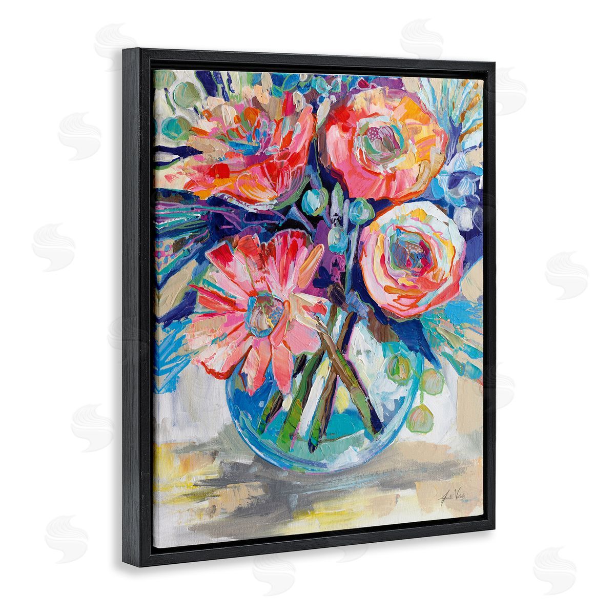 Harpers Bouquet Flowers Black Floating Frame Canvas Wall Art, Home Decor by Jeanette Vertentes