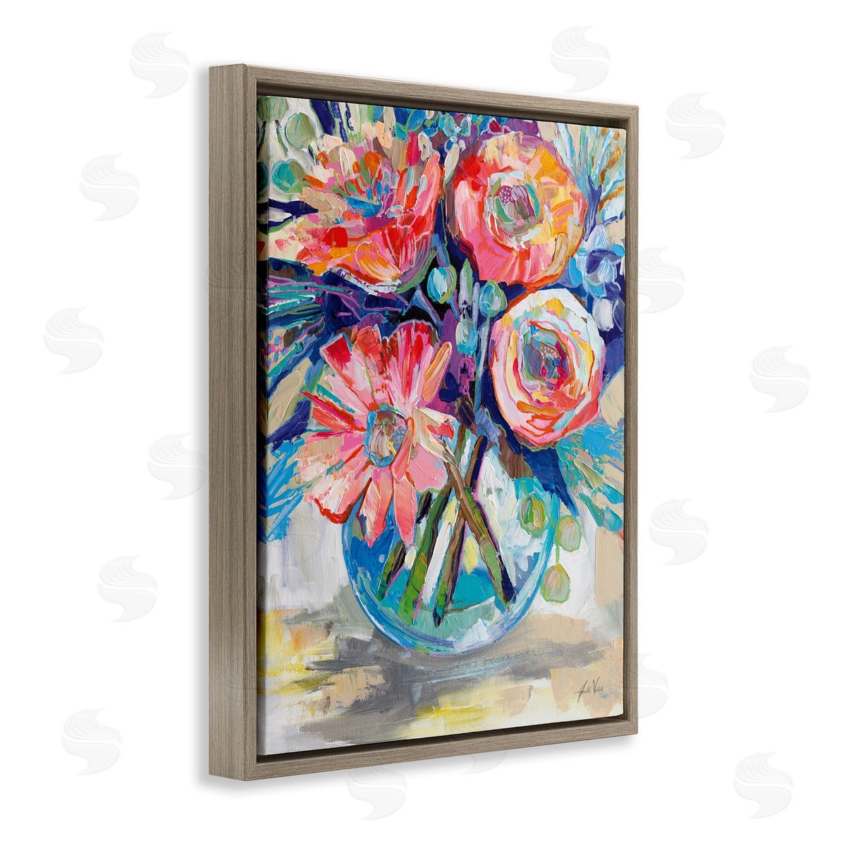 Harpers Bouquet Flowers Brown Floating Frame Canvas Wall Art, Home Decor by Jeanette Vertentes