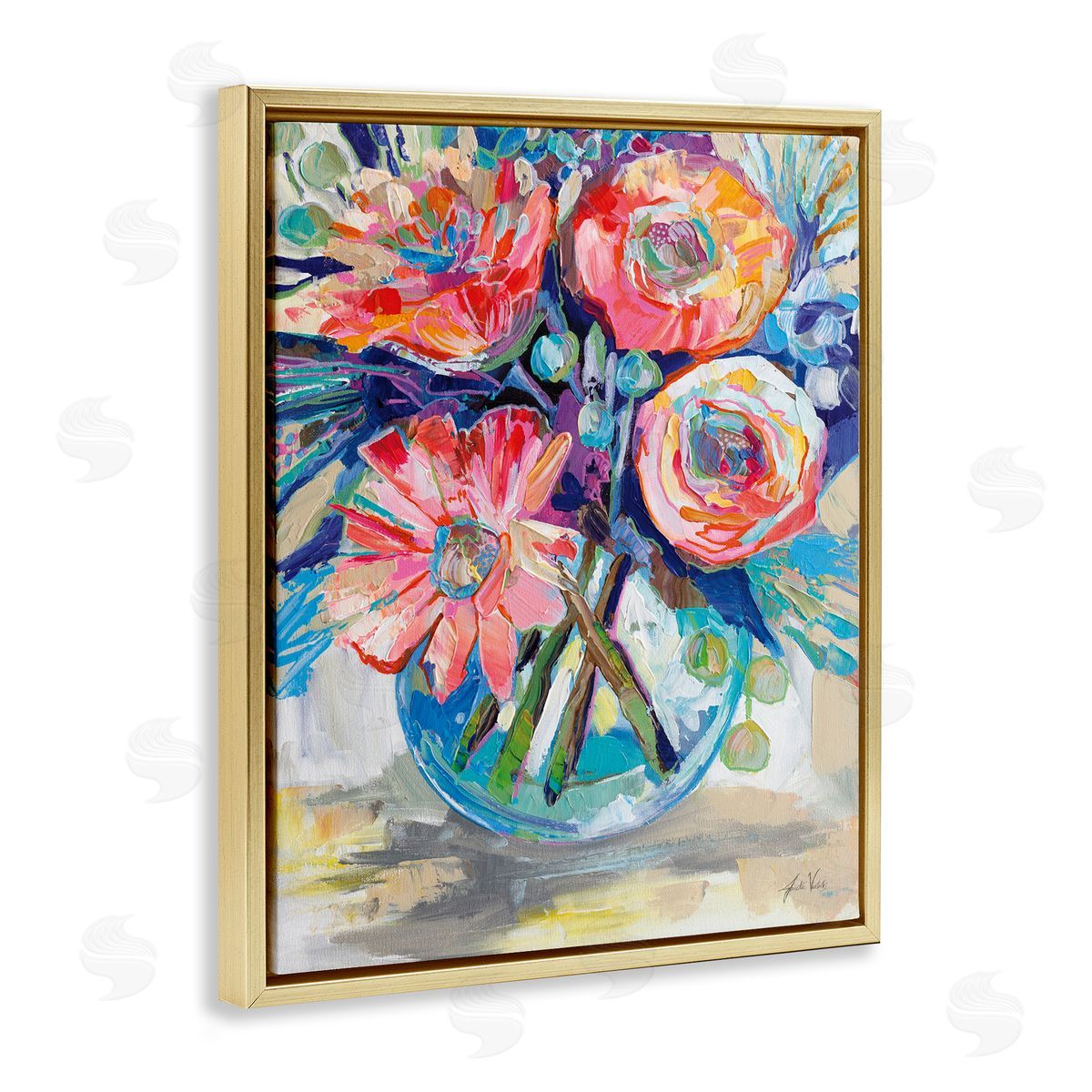 Harpers Bouquet Flowers Gold Floating Frame Canvas Wall Art, Home Decor by Jeanette Vertentes